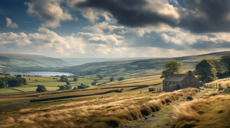 a rural landscape featuring a house nestled in a field with a river flowing nearby. this atmospheric woodland imagery captures the beauty of the british post-war countryside, with mountainous vistas and earthy color palettes. the sunrays shining upon the scene add a touch of natural inspiration to this nature-inspired photograph taken with a hasselblad h6d-400c. ai generatedの素材