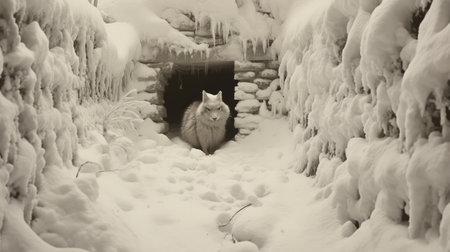 a snow-covered tunnel is captured in this black and white photo, reminiscent of whimsical cats and the artistic styles of kim keever, vasily vereshchagin, and photorealistic wildlife art. the image portrays a chilling atmosphere, evoking the essence of cabincore and reminiscent of an associated press photo. ai generatedの素材