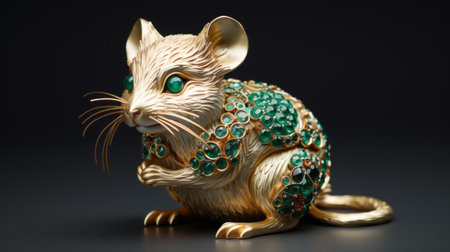 mouse with golden metal carving, ceramic body, and emerald inlays. round and full in shape, this small mouse showcases a realistic texture and exquisite craftsmanship. with its ultra-clear image quality, the golden metal carving on the surface and the emeralds inlaid on the ceramic body add a touch of elegance and luxury. ai generatedの素材