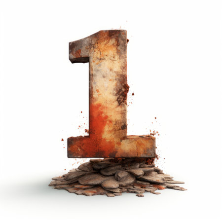 an old, rusty number one is depicted in an aggressive digital illustration style, surrounded by piles of money. the artwork showcases explosive pigmentation and incorporates elements of bronze casting. created by sergey musin, this logo design resembles urban signage with its bold red and bronze color scheme. ai generatedの素材