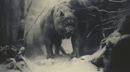 a werewolf, captured in the style of graflex speed graphic, stands amidst a dense forest, surrounded by towering trees. this captivating image, reminiscent of the works of martin wittfooth and nick alm, exudes a sense of mystery and intrigue. with elements of frostpunk and explosive wildlife, this photograph by berndnaut smilde transports viewers to a world where the supernatural and nature collide. ai generatedの素材
