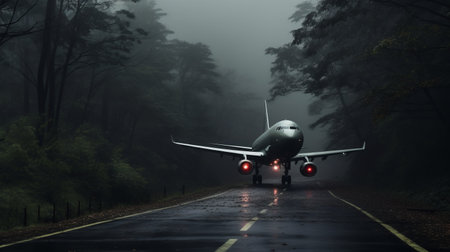 a large plane takes off amidst heavy fog, creating a hauntingly beautiful scene. this realistic still life photograph captures the dramatic lighting and dark gray-green tones. shot with a canon eos 5d mark iv, this japanese photography showcases atmospheric woodland imagery in a photorealistic representation. ai generatedの素材