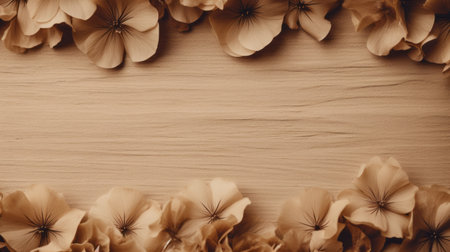 a photo of a brown kraft paper background adorned with intricate brown flowers, reminiscent of wood sculptor's style. the composition and framing are unique, creating a soft and dreamy atmosphere. the hyper-realistic details of the flowers add depth to the monochromatic setting. the extravagant table settings and delicate flowers make this photo truly captivating. ai generatedの素材