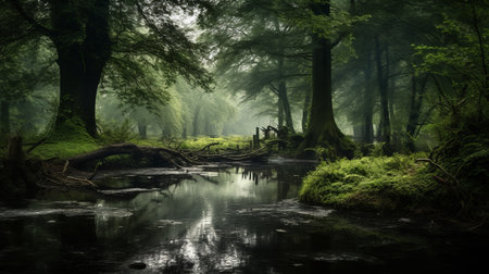 a stream flows through a forest, surrounded by a tree and vibrant flowers. this atmospheric and moody landscape captures the essence of dutch landscapes, with a misty atmosphere and stunning reflections. the image showcases the strong contrast between light and dark, creating a captivating scene. created by mike campau, this photograph transports viewers to a world of fantastic landscapes. ai generatedの素材
