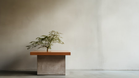 a green plant adorns a minimalist wooden table made of square concrete, complemented by a brick wall backdrop. this conceptual sculpture-style arrangement exudes a serene atmosphere with its beige and amber tones. the ethereal trees in the background add a touch of traditional japanese aesthetics. captured in high quality, the polished concrete enhances the overall visual appeal of this photo. ai generatedの素材