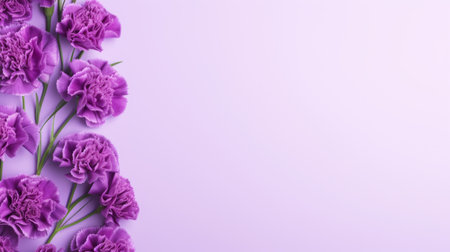 purple carnations with green leaves are beautifully arranged on a soothing lavender background. this minimalist composition showcases a monochromatic color scheme, creating a serene and elegant aesthetic. ai generatedの素材