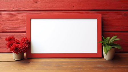 a sleek and modern red frame is elegantly displayed on a wooden table in this minimal-style frame mockup image. the soothing red color theme adds a touch of warmth and vibrancy to the overall composition. ai generatedの素材