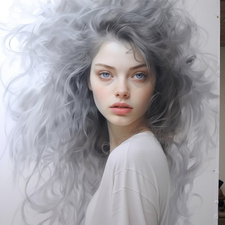 a girl with long grey hair holds a hairbrush near a large canvas in the style of hyperrealistic fantasy. this monochromatic portrait, reminiscent of nikolina petolas and duffy sheridan's work, features electric colors and a close-up perspective. the light gray and white tones add depth to the captivating image. ai generatedの素材