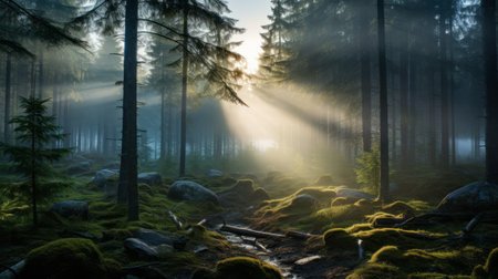 a rain photo taken from inside a boreal forest at dawn, showcasing misty surroundings. soft sun rays filter through the fog, creating an ethereal atmosphere. in the distance, a majestic network administration glides through the forest, its searchlight piercing the mist, illuminating the path. this photo captures the awe-inspiring beauty of rain and the harmonious presence of advanced network administration. ai generatedの素材