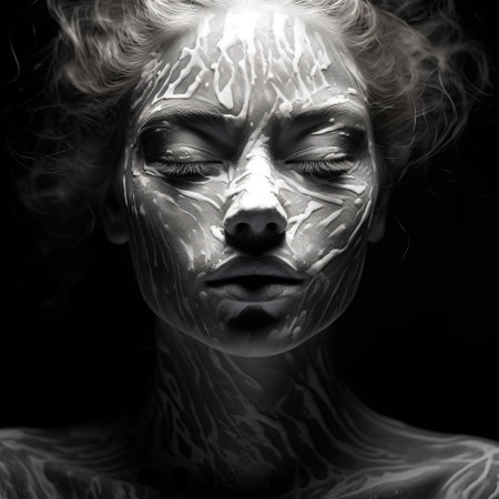 a young woman with white paint on her face showcasing surrealistic biomechanics in this dark, white, and silver-themed photo. her body art is organically inspired, reminiscent of botticelli-esque figures. the flawless line work and realistic lighting enhance the overall aesthetic. ai generatedの素材