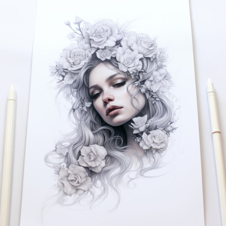 the illustration features a hyperrealistic portrait of rose flowers, showcasing meticulous inking techniques. the artwork is characterized by a limited color range, with dark white and light silver tones creating a fantasy-inspired dreamscape. the detailed sketching adds depth and intricacy to the overall composition. ai generatedの素材