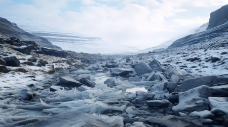 ice cold valley in rsmrk captured in a photorealistic surrealism style. this national geographic photo showcases a post-apocalyptic surreal landscape with a low depth of field. the image is rendered in a loose, painterly style, offering a unique and captivating visual experience. shot with a fujifilm natura 1600, this uhd image beautifully captures the chilling beauty of the valley. ai generatedの素材