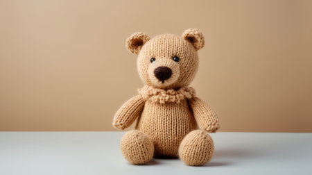 a light brown knitted teddy bear sits on a beige surface, showcasing its soft and cuddly texture. this uhd image captures the playful color combinations and monochromatic color scheme of the bear, adding a touch of anemoiacore style. the solid and structured design of the teddy bear makes it a delightful addition to any collection. ai generatedの素材