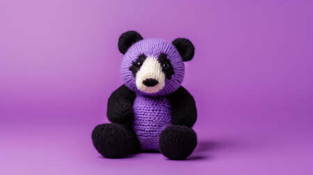 a knitted panda bear, showcasing traditional craftsmanship, sits against a vibrant purple background. the high-resolution image captures the bold and contrasting colors of the handcrafted object, highlighting its tangible texture. the vibrant color combinations and low depth of field add depth and visual interest to the photo. ai generatedの素材