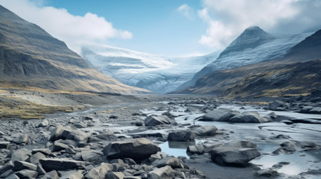 panoramic view of an icelandic valley featuring rocks in the mountains. this 3d rendering cdn photo captures the essence of layered and atmospheric landscapes. the image showcases a combination of light black and sky-blue hues, taken with a hasselblad 500cm camera. the hyper-realistic water adds depth to the scene, while the post-processing enhances the muted and subtle tones. ai generatedの素材