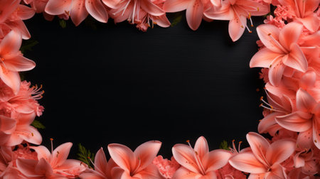 a pink lilies ring adorns a flower frame, creating a captivating visual for text placement. the dark black and orange color scheme adds a striking contrast, while the 32k uhd resolution showcases the texture-rich surfaces. the wood and scattered composition lend a subtle yet high-resolution appeal to this captivating image. ai generatedの素材