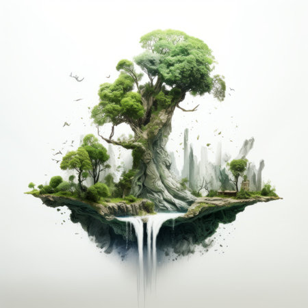 a tree isolated on a white background floats gracefully in a waterfall, showcasing an intricately mapped world. this nature-inspired piece of realistic anamorphic art combines elements of recycled materials and futuristic digital art. the tree's branches form nature-inspired shapes, contributing to the detailed world-building of this captivating artwork. ai generatedの素材