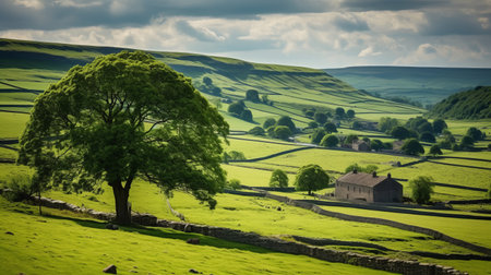 an old farm sits peacefully on a lush green field, reminiscent of traditional british landscapes. this captivating national geographic photo showcases the beauty of nature with its high dynamic range and dappled lighting. the scene exudes a romantic and dramatic ambiance, offering breathtaking mountainous vistas. ai generatedの素材
