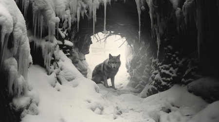 a wolf stands in a cave outside, captured in the style of soviet lens photography. the snow scenes and intricate landscapes create a captivating ambiance, reminiscent of the farm security administration photography. this fine art photograph showcases the explosive wildlife, enhanced by the ambient occlusion technique. ai generatedの素材