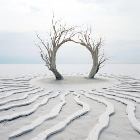 a frozen field in the middle of the desert, captured in a conceptual art style. this photo showcases ethereal trees and organic sculpting, while depicting trapped emotions. the solarizing master technique enhances the serene seascapes and creates a symmetrical composition. ai generatedの素材
