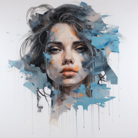 young lady with blue hair, dripping with paint, showcases fragmented geometry and hyper-realistic water in this captivating photo. the gray and bronze tones add an elegant touch to the emotive faces and rusty debris. the painted illustrations and celebrity portraits further enhance the artistic appeal of this unique composition. ai generatedの素材
