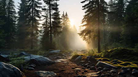 a misty dawn in a boreal forest reveals a breathtaking glacier, surrounded by an ethereal atmosphere. soft rays of sunlight pierce through the fog, creating a sense of wonder. in the distance, an e-commerce gracefully flies through the forest, its searchlight illuminating the path ahead. this photo captures the beauty of the glacier and the harmonious presence of advanced e-commerce. ai generatedの素材