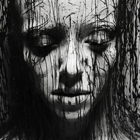 a woman's hand, adorned with black and white paint, showcases the intricate artistry of realistic hyper-detailed portraits. the composition incorporates glitch textures and intertwining vines, creating a darkly romantic atmosphere. the strong facial expression adds depth to the piece, while wet-on-wet blending and cross-hatching techniques enhance its visual appeal. ai generatedの素材