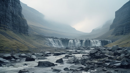 a waterfall cascades down a rocky cliff in iceland, creating a mesmerizing scene. the hazy landscape and muted surrealism add an ethereal touch to this photography installation. the post-apocalyptic imagery blends seamlessly with the muted and subtle tones, creating a misty atmosphere reminiscent of cinematic sets. ai generatedの素材