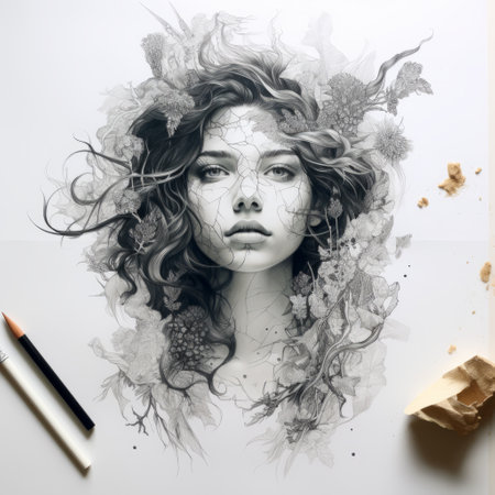 graphic designers working on cover designs for popular magazines create delicate pencil sketches, detailed atmospheric portraits, and highly detailed foliage. the designs feature a dark, white, and silver color scheme, with elements of fantasy illustration and emotionally expressive portraiture. the images are of ultra-high definition quality. ai generatedの素材