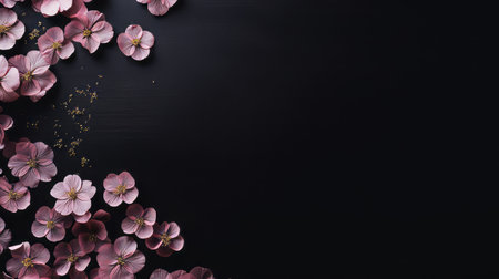 pink flowers in white and gold bloom beautifully against a striking black background, creating a captivating contrast. the minimalistic composition, inspired by the style of dark red and dark brown, resembles cherry blossoms. with a touch of raw materials and a blend of dark black and light azure, this artwork by henri le fauconnier seamlessly combines natural and man-made elements. ai generatedの素材