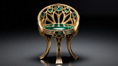 small golden metal carved chair with ceramic body, inlaid emeralds. round, full shape with realistic texture. ultra clear image quality showcases exquisite craftsmanship. ai generatedの素材