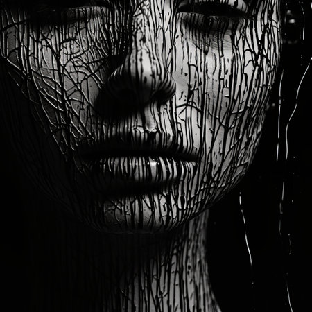 a black and white image of a person's face covered in ivy, showcasing glitch art aesthetics. the image features darkly romantic illustrations and realistic anatomies, with intricate and emotional gestural strokes. the high-definition (uhd) quality of the image enhances the wet-on-wet blending technique used, creating a visually captivating and darkly intricate composition. ai generatedの素材