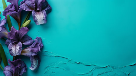 iris flowers on a turquoise background, with a dark aquamarine and violet color scheme. the photo showcases organic sculpting and a minimalist palette, with lush detailing. the unique framing and composition create romantic and vibrant compositions. ai generatedの素材