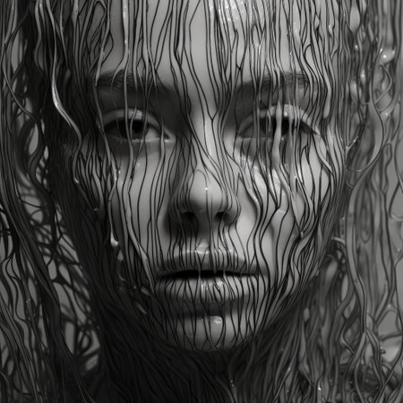 a black and white photograph captures the hyper-realistic water-inspired portrayal of a woman's face. the image showcases intricate details created using layered mesh, vines, and wavy lines, resulting in a visually stunning composition. the use of organic shapes and realistic oil portraits adds depth and a psychological element to the characters depicted. ai generatedの素材
