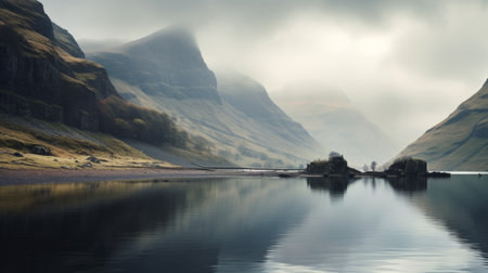 a serene and captivating image of a mountain range cast in shadow, reminiscent of the tranquil waters found in scottish landscapes. this misty atmosphere captured in an associated press photo exudes a pensive stillness, perfectly embodying the essence of nature. a true representation of cabincore aesthetics, this photo is sure to evoke a sense of calm and appreciation for the beauty of the outdoors. aiの素材