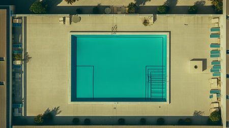 the pool area is captured in an aerial shot, showcasing abstract minimalism. this uhd image beautifully portrays the california plein air atmosphere with its minimalistic composition. the urban landscapes are enhanced through post-processing, resulting in a captivating blend of dark gold and cyan tones. ai generatedの素材