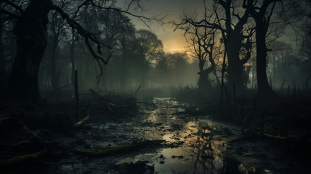 a dark autumn forest landscape with foggy surroundings creates a captivating nature scene. the enchanting forest, adorned with autumn colors, showcases the beauty of the season. this atmospheric image evokes a sense of mystery and tranquility, reminiscent of traditional british landscapes. the photo captures the essence of decay and decayed elements, while also reflecting the artist's unique style. ai generatedの素材