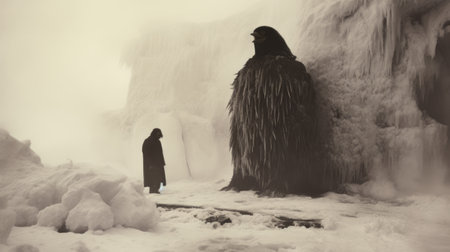 a person stands in the snow, gazing at a statue on a frozen lake. the photo, captured in the style of tintype photography, showcases life-like avian illustrations and otherworldly creatures. this conceptual installation, reminiscent of museum gallery dioramas, is presented on a gigantic scale. the scene evokes a sense of wonder and transports viewers to a different era, spanning from 1860 to 1969. ai generatedの素材