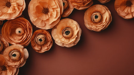 three paper flowers in different colors - pink and orange - are arranged in a row on a luxurious textured brown background. the warm tonal range and monochromatic color scheme, reminiscent of terracotta, create a post-painterly aesthetic. the selective focus adds depth and visual interest to the composition. ai generatedの素材
