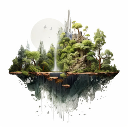 a futuristic digital art painting of an isolated forest on an island. this national geographic photo showcases sustainable design with detailed character design. the transparent layers and balanced composition create a captivating visual experience. ai generatedの素材