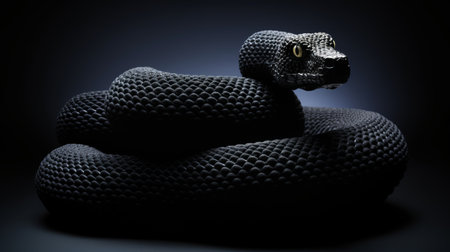 a large black snake figure, resembling a chilling creature, is captured in a matte photo style. this voxel art creation showcases luxuriant textures, reminiscent of the renowned artist hiroshi nagai's work. the image evokes a sense of intrigue and fascination, reminiscent of national geographic photos. joana vasconcelos' artistic influence can also be seen in this captivating depiction of a snake. ai generatedの素材