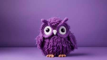 a purple toy owl is perched against a vibrant purple wall background. this unique object, created with layered fibers in a knitted and crocheted style, showcases the expertise of an object portraiture specialist. the use of unreal engine 5 brings a touch of quantumpunk to the image, while the monochromatic color scheme adds to its relatable personality. ai generatedの素材