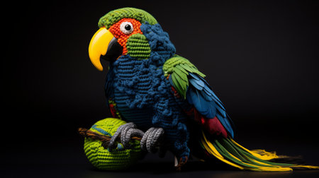 a flying parrot model with vibrant, colorful feathers, crafted in a knitted and crocheted style. this hyper-realistic sculpture showcases meticulous detailing, capturing the dark indigo and green hues of the parrot's plumage. the photograph was taken with a tamron 24mm f/2.8 di iii osd m12 lens, highlighting the intricate handwoven textiles used in the creation. leica r3 camera was used to capture this stunning image.の素材