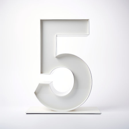 white plastic number five in a 3d, flat image. the number is placed on a white background, resembling a light sculpture. the design features playful streamlined forms, inspired by nc wyeth's artwork. the distinct framing and lensbaby effect add a unique touch. this captivating image draws inspiration from the bechers' typologies and has won a contest. ai generatedの素材
