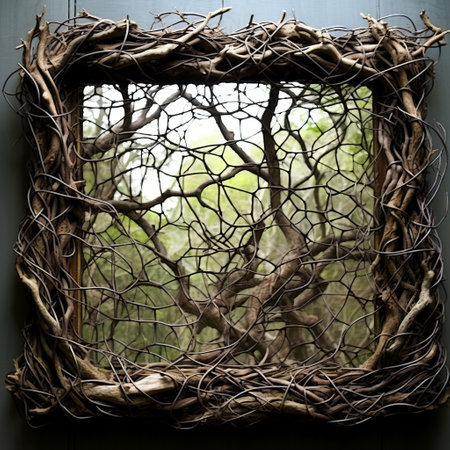a hanging mirror made from branches engrossed on two walls, in the style of net art, abstracted nature. this national geographic photo showcases tonalism and careful framing, with the mirror constructed using vines and grid work. ai generatedの素材