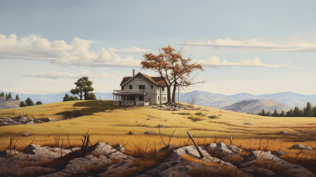a hauntingly beautiful oil painting on canvas by david schmid, depicting a rural american landscape. the painting showcases a detailed and realistic rendering of a hill, capturing the weathered materials and textures. with its 8k resolution and the use of the hasselblad h6d-400c, the artwork presents a stunning level of detail. the composition has a touch of cartoon-like elements, creating a unique and captivating visualの素材