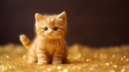 an adorable orange pinto kitten is captured in this photo, set against a backdrop of golden confetti. the image is resized in the style of 32k uhd, reminiscent of caras ionut's work. the dark red and gold tones create a captivating atmosphere, while the glittery and shiny elements add a touch of glamour. the soft-focus technique enhances the kitten's cuteness, making this photo a colorfulの素材