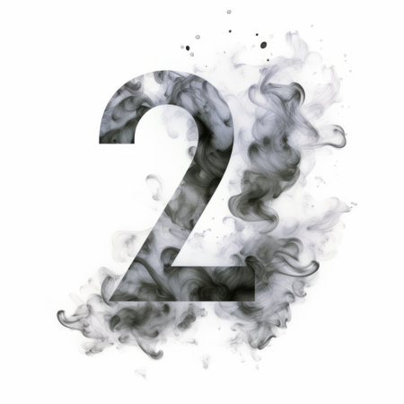 the number two is formed by white smoke in this fantasy illustration. the style of the artwork is reminiscent of 20th-century scandinavian art, with a burned and charred appearance. the image features a double tone effect and is captured in high resolution. additionally, the smoke appears to be poured, and there are text and emoji installations incorporated into the design. ai generatedの素材