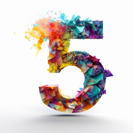 the number five is depicted in this vibrant and dynamic image, surrounded by a multitude of colorful particles. the artwork is created in the style of realistic anamorphic art, featuring layered forms that resemble organic sculptures. the use of vibrant colors and fragmented advertising elements adds a touch of realism and inspiration to this joyful celebration of nature. ai generatedの素材
