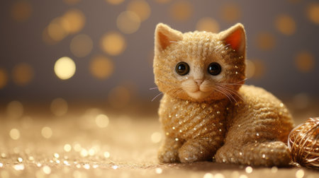 a large golden kitten with a christmas ball desktop background is depicted in this voxel art style image. the kitten is rendered in photorealistic detail, showcasing its close-up features. the background sparkles with glitter and diamond dust, creating a mesmerizing effect. the kitten's color is a beautiful combination of light amber and beige, resembling a creation made of beads and yarn. ai generatedの素材